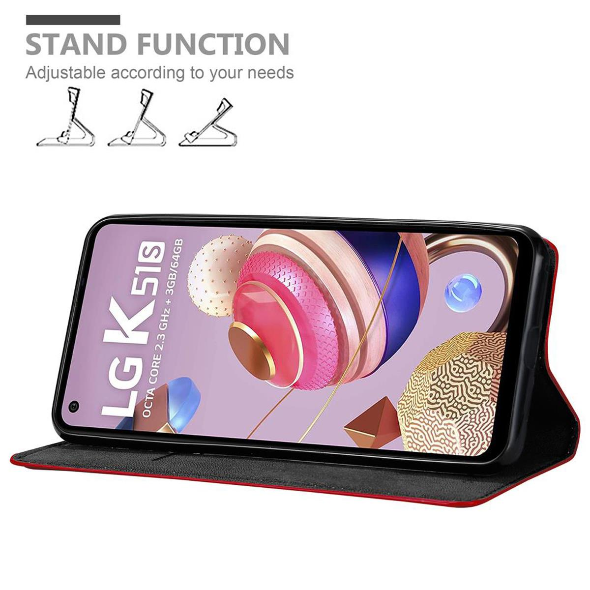 Telefono in custodia aperta con funzione stand. Lo schermo mostra un display colorato, bordo rosso.