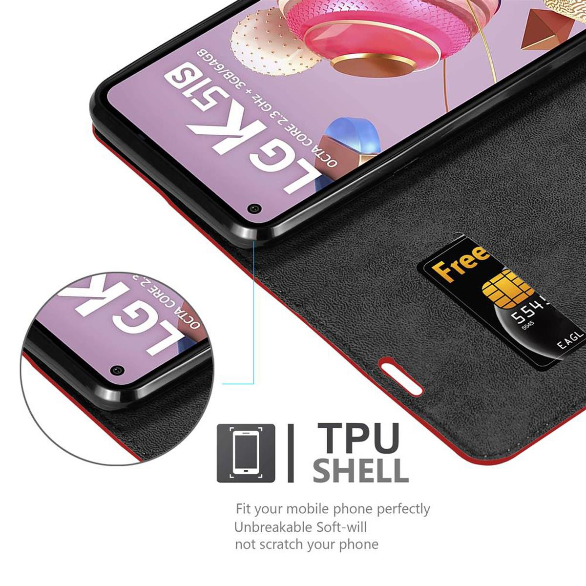 Custodia aperta che mostra telefono e carta. Il telefono è un LG K51S.