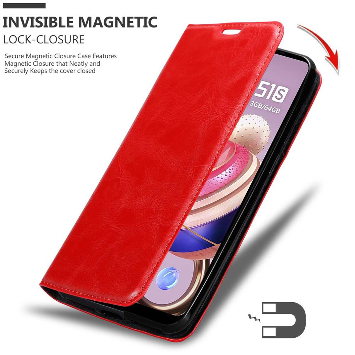 Custodia rossa per telefono aperta, rivela il telefono. La custodia ha una chiusura magnetica.