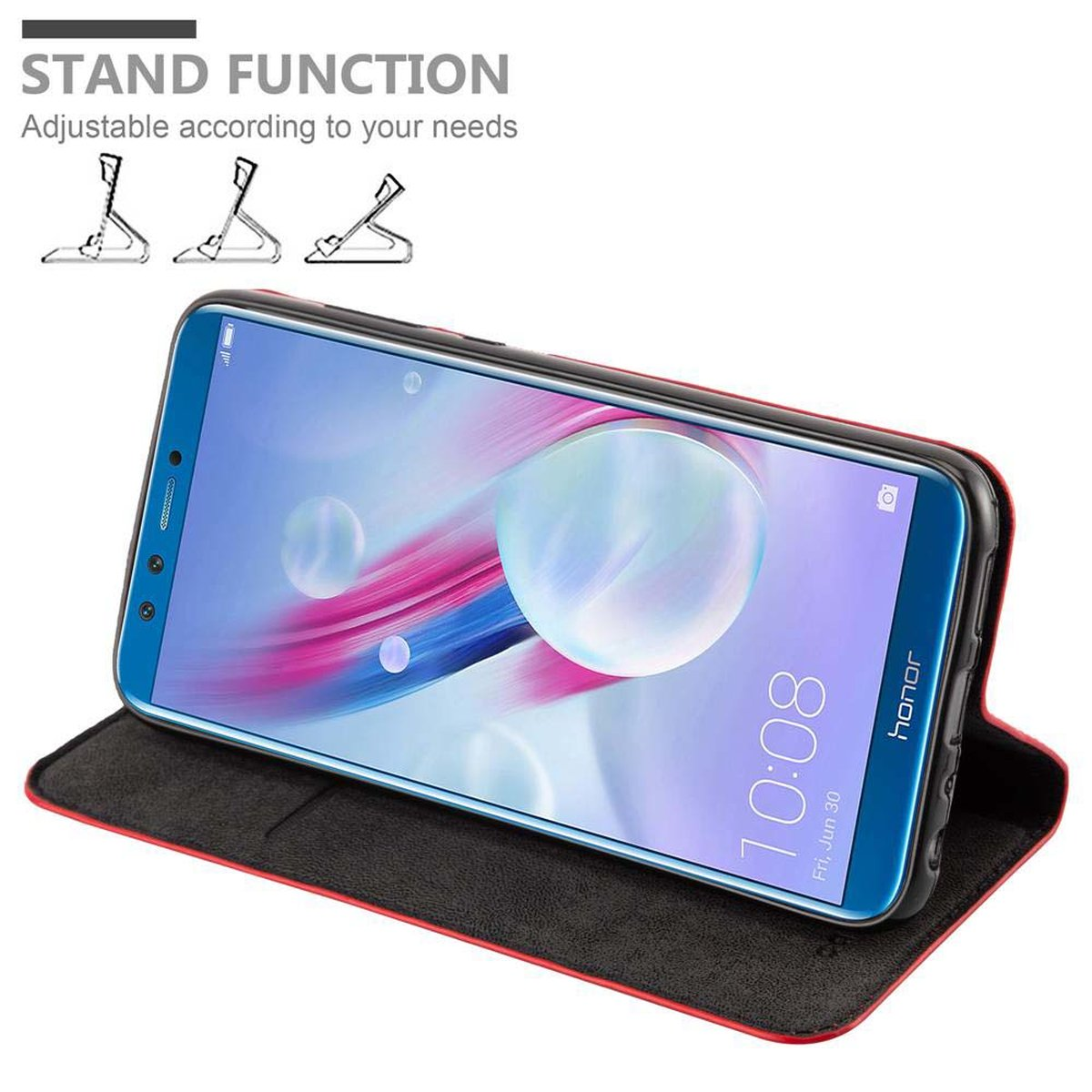 Telefon in einer Hülle, geöffnet, zeigt den Bildschirm, mit Standfunktionssymbolen. Weißer Hintergrund.