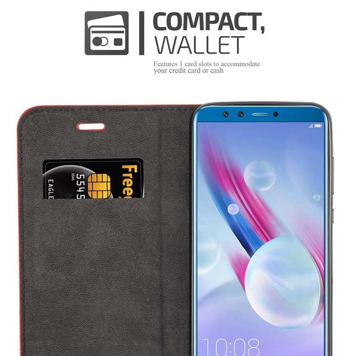 Ein schwarzes Telefon befindet sich in einer schwarzen Hülle mit einem Kartenfach. Die Hülle ist offen und außen rot.