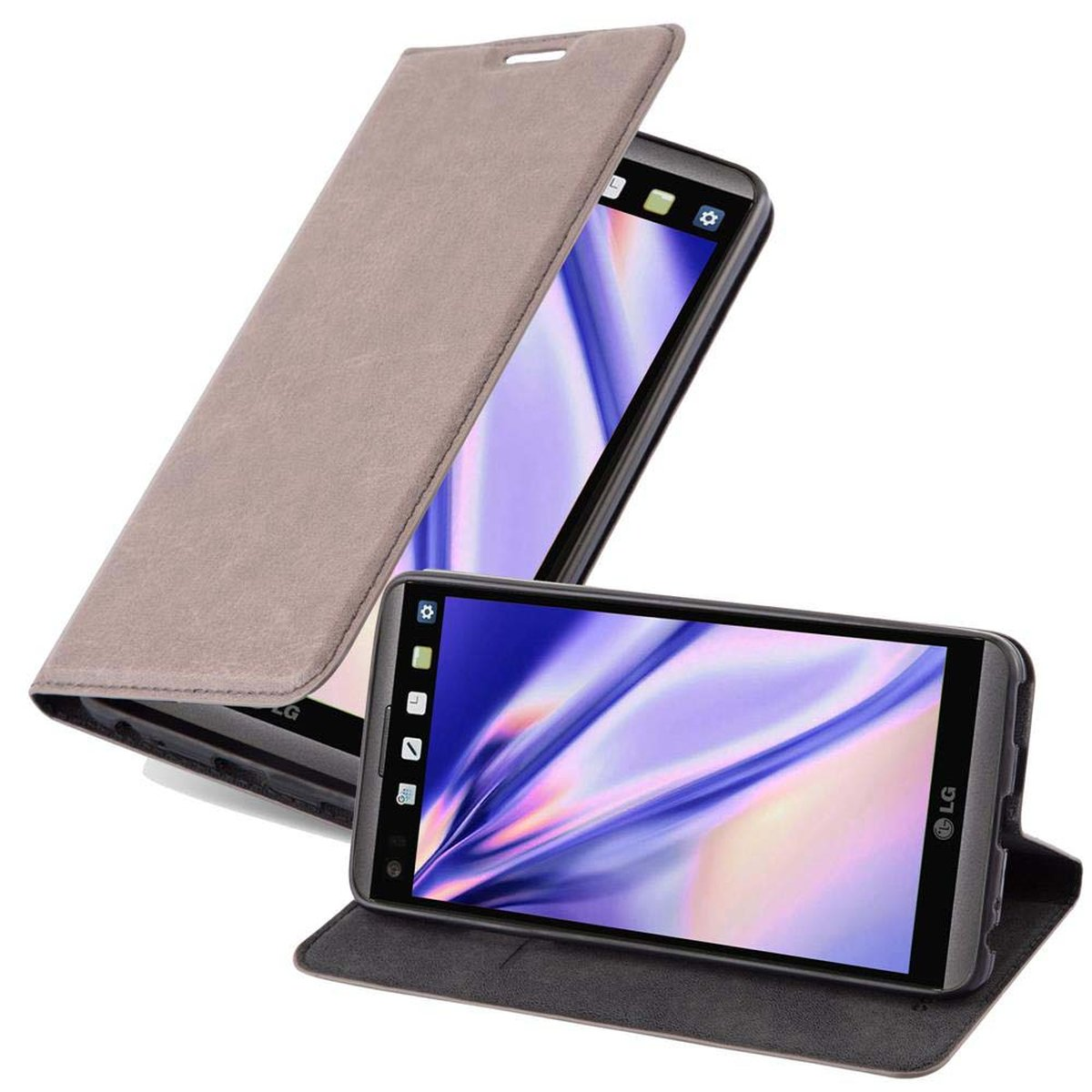 Funda gris para teléfono con teléfono. La tapa está abierta. Fondo blanco.