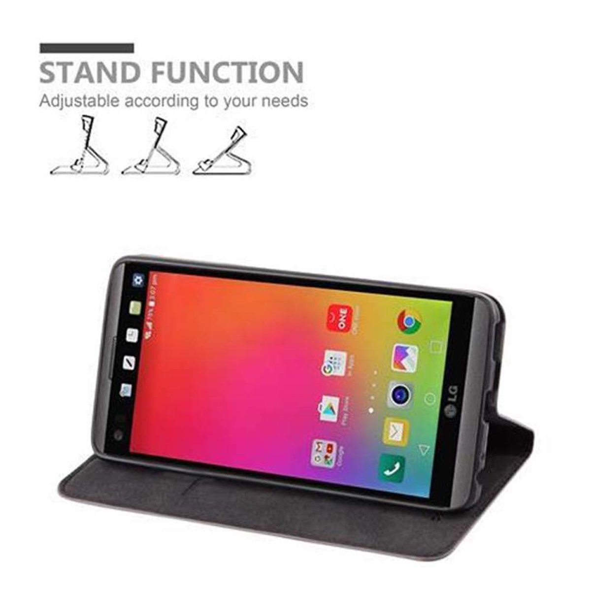 Un teléfono en un estuche, en posición de soporte. La función de soporte es ajustable. El teléfono muestra iconos de aplicaciones coloridas.