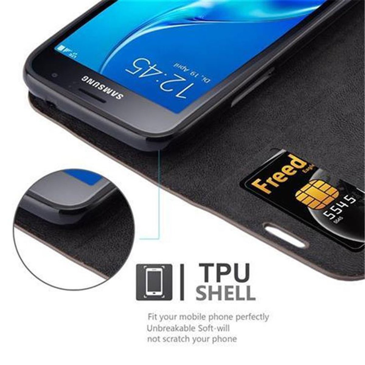 Schwarze Handyhülle offen mit einem Samsung-Telefon und einer Karte. Text: TPU-Schale. Passen Sie Ihr Telefon perfekt an.