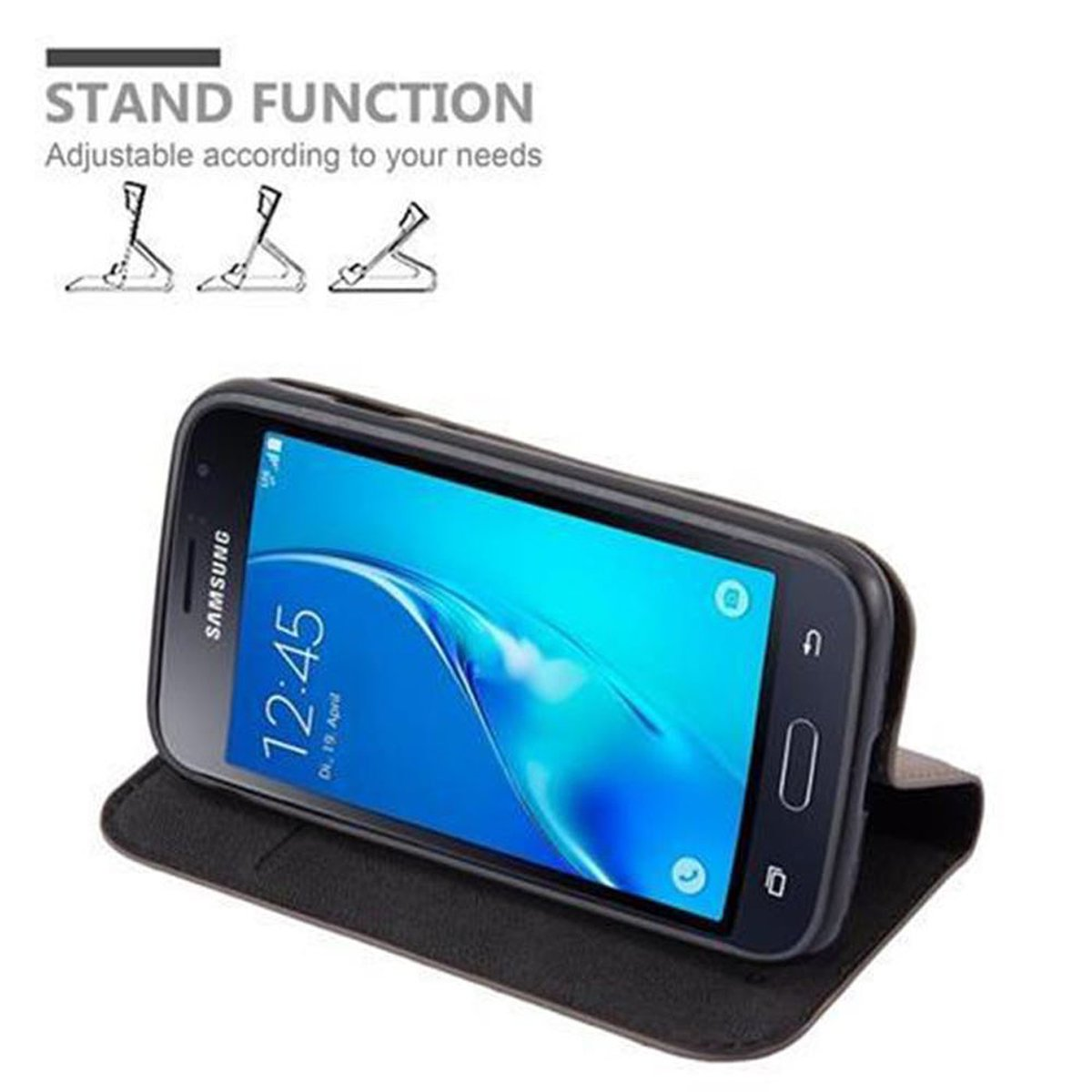 Ein Samsung-Telefon in einer schwarzen Hülle wird angezeigt, mit der Uhrzeit 12:45. Die Hülle ist offen.