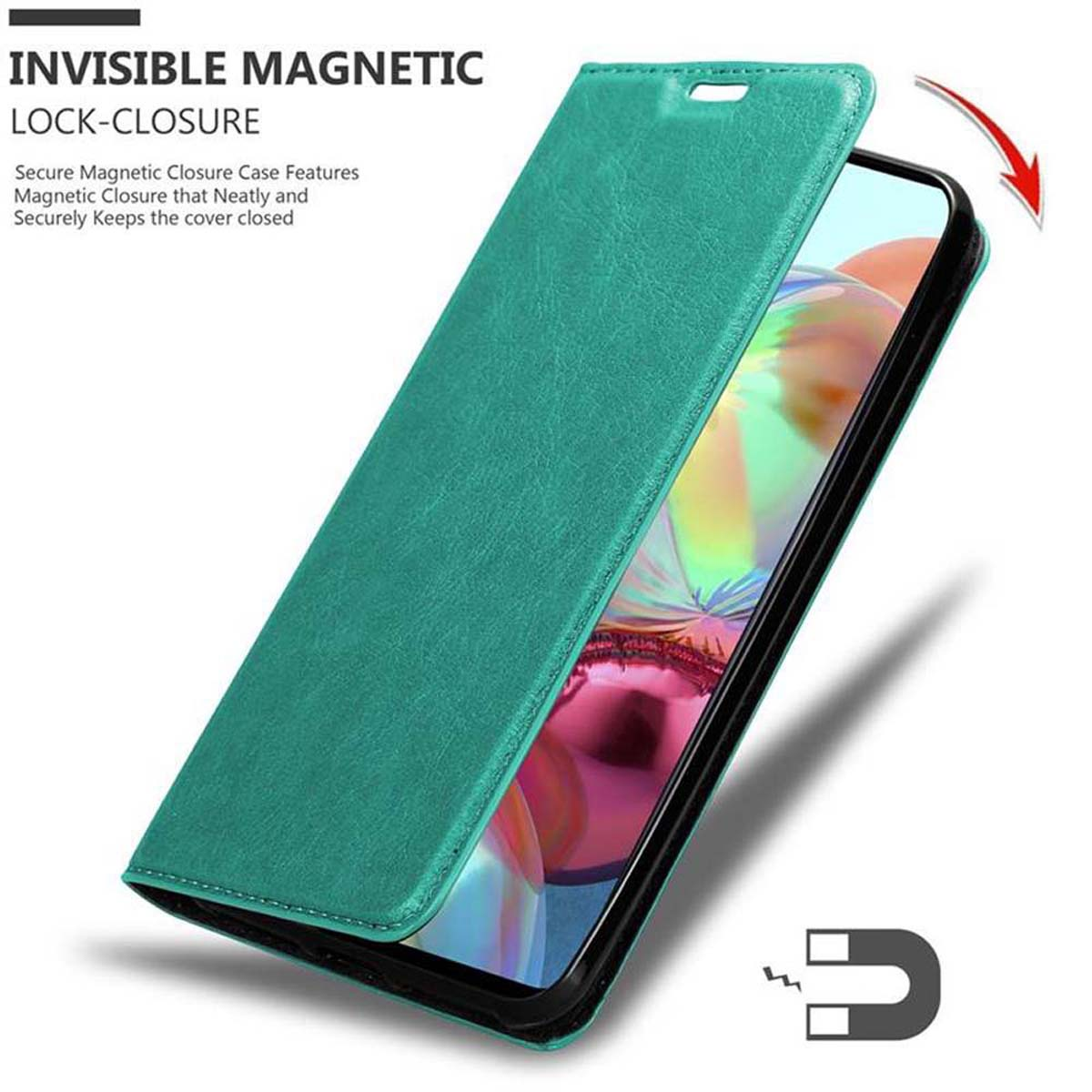 Custodia per telefono verde, chiusura magnetica, aperta per rivelare un telefono. Sfondo bianco.