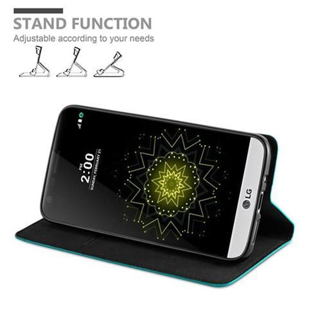 Ein Telefon in einer Hülle, die als Ständer aufgestellt ist. Der Bildschirm zeigt ein Design und die Uhrzeit.