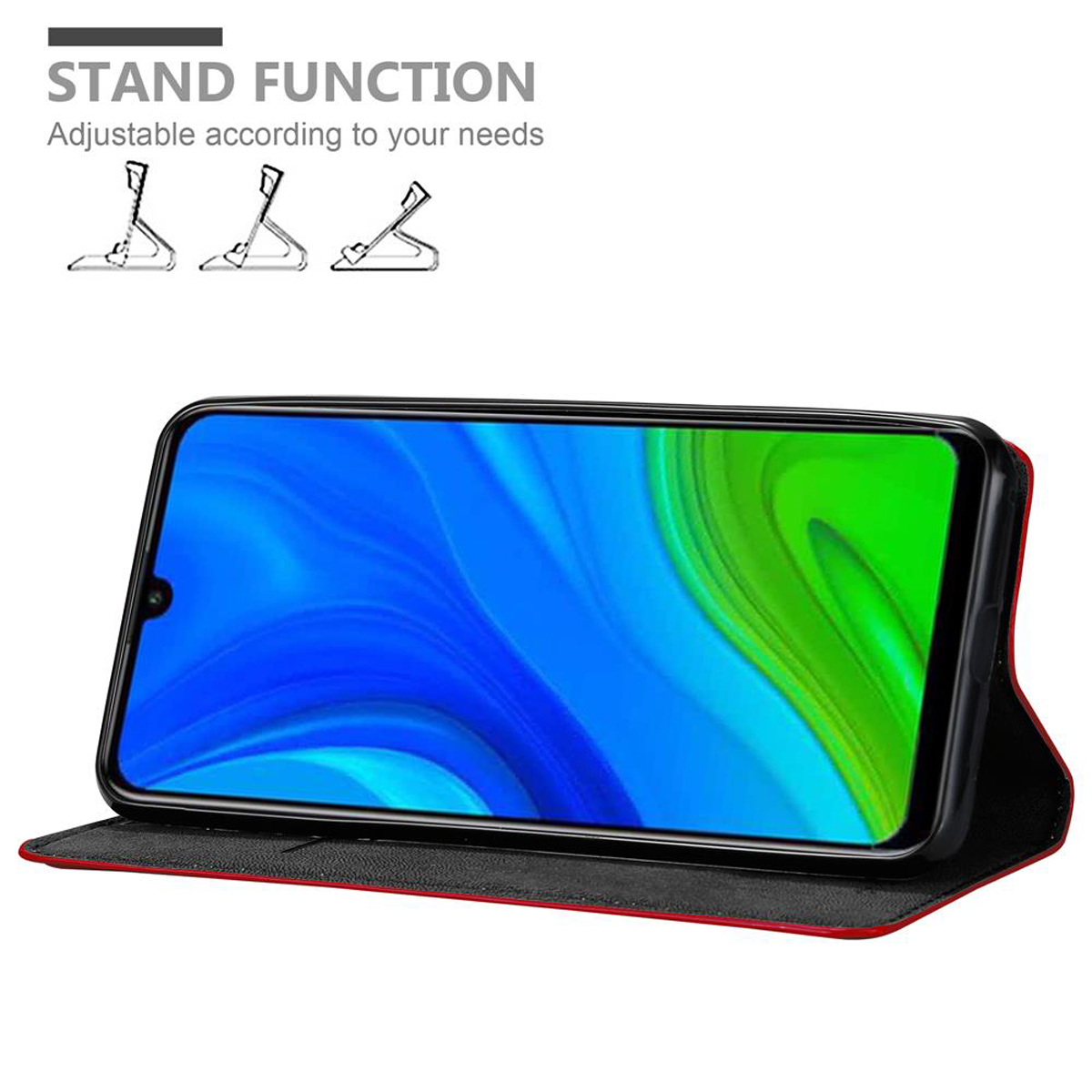 Telefono in custodia nera, aperto per mostrare lo schermo con illustrazioni della funzione stand.