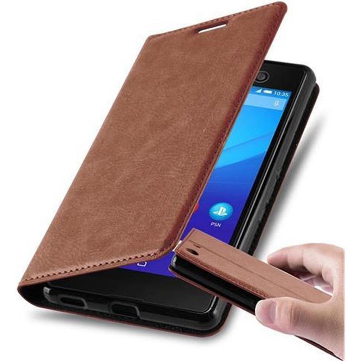 Funda marrón para teléfono, abierta, con teléfono dentro y otro en el fondo. Logo de PSN visible.