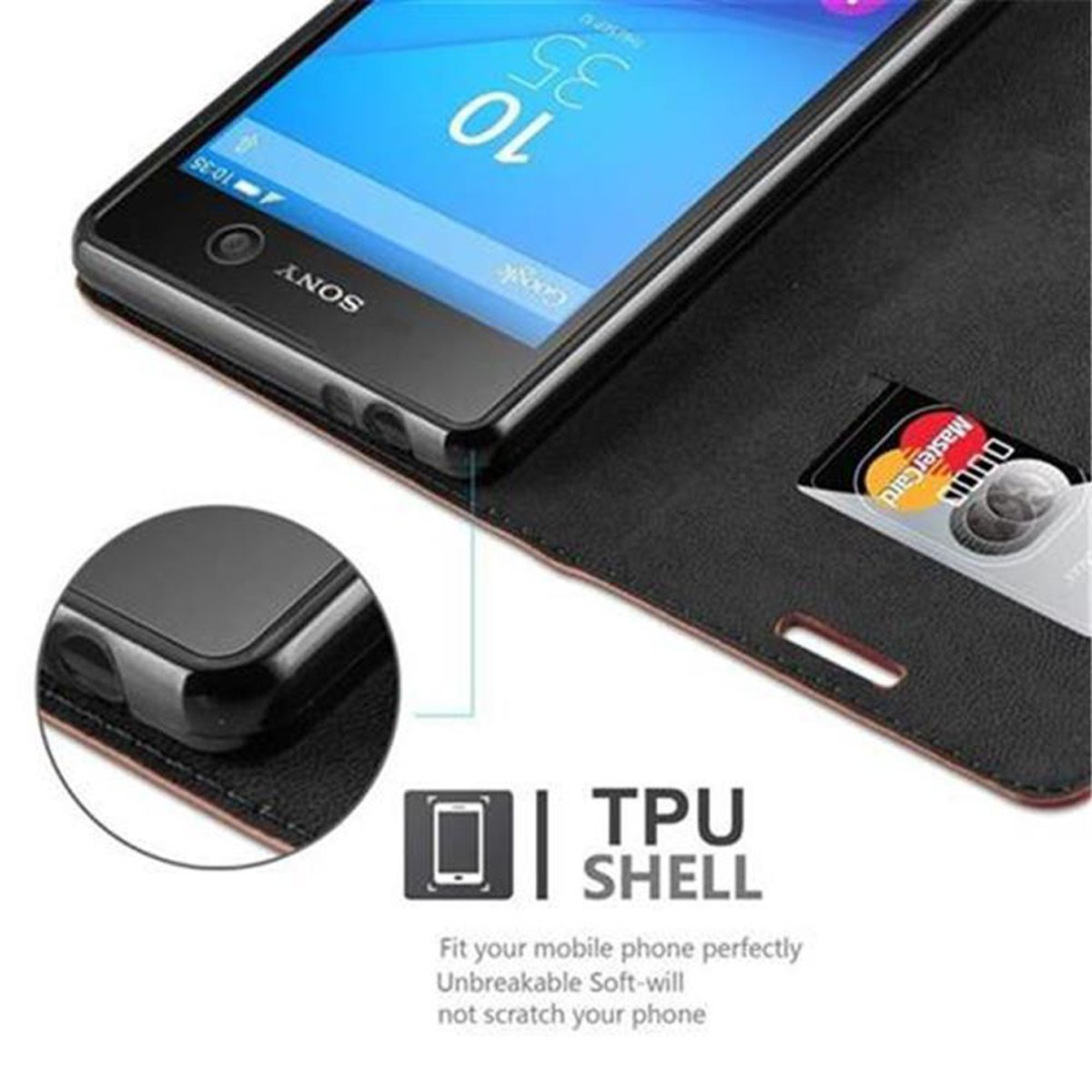 Teléfono en funda abierta. Tarjeta de crédito en ranura. Texto: TPU SHELL. Teléfono muestra hora. Funda de cuero roja.