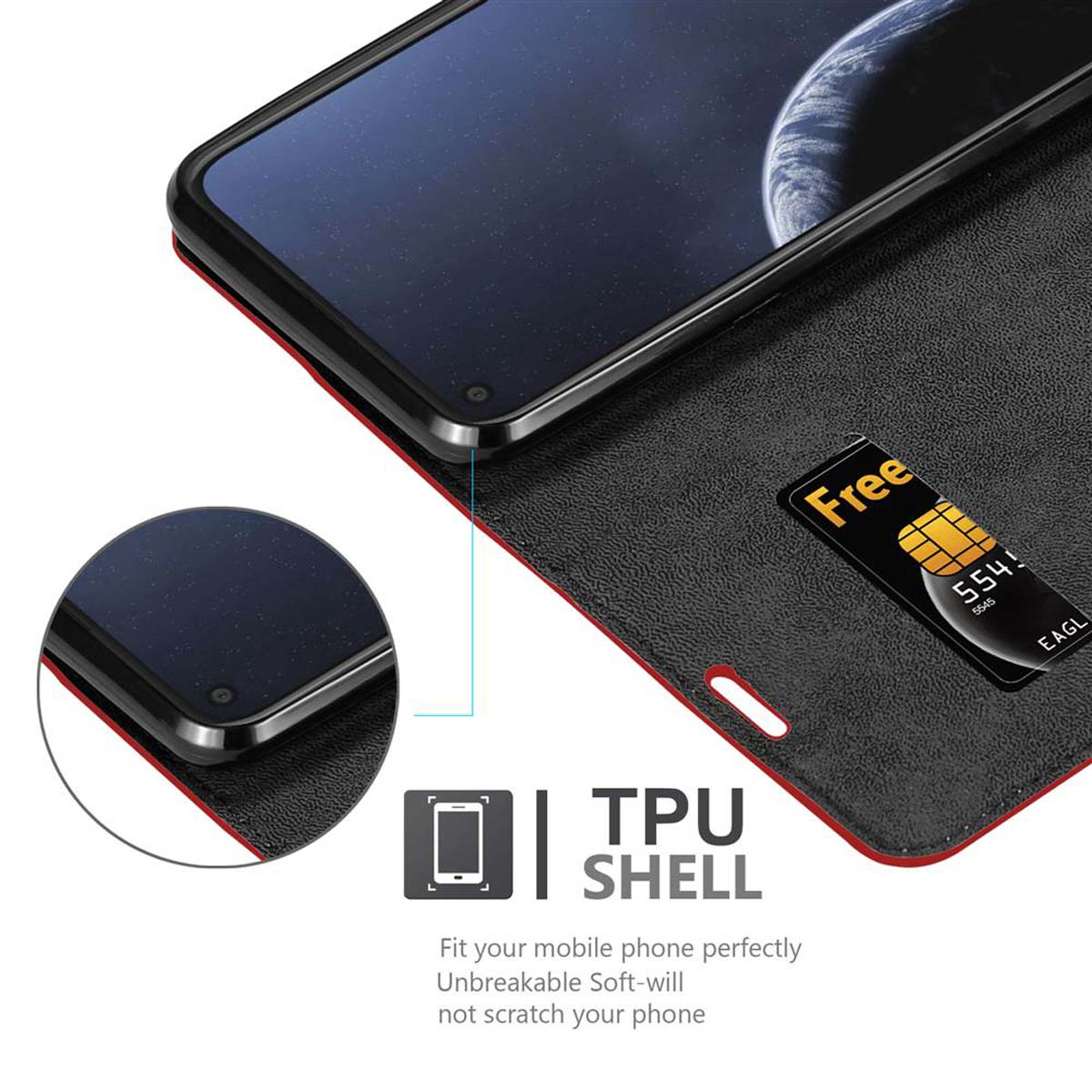 Smartphone in Hülle, Nahaufnahme von Karte und Bildschirm. Text: TPU Shell. Roter Rand.