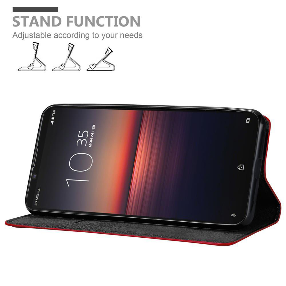 Telefon in einer Hülle, geöffnet, zeigt eine Standfunktion mit drei verschiedenen Stützwinkeln.