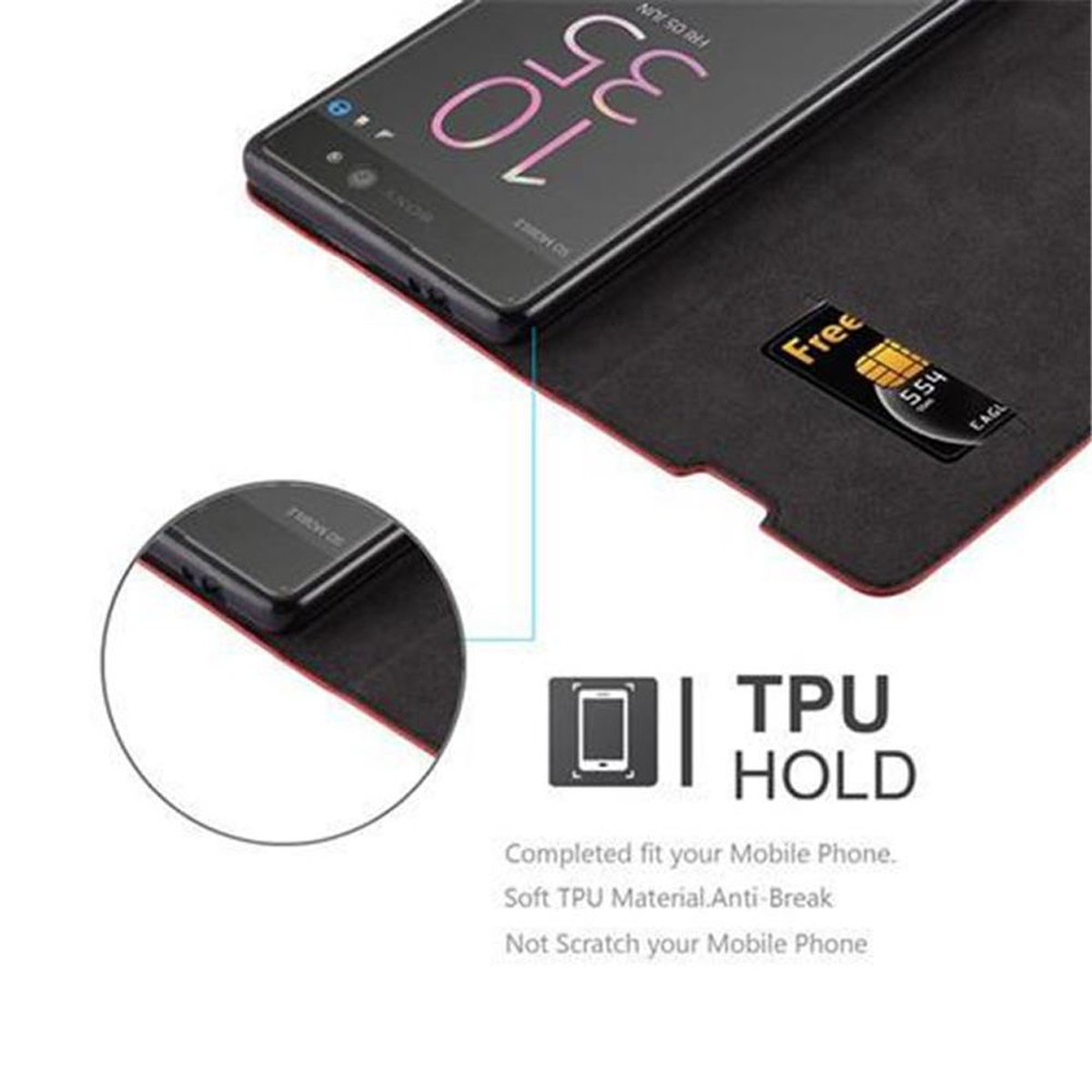 Primo piano di un telefono in una custodia a portafoglio, che mostra una scheda SIM e la cover posteriore del telefono.
