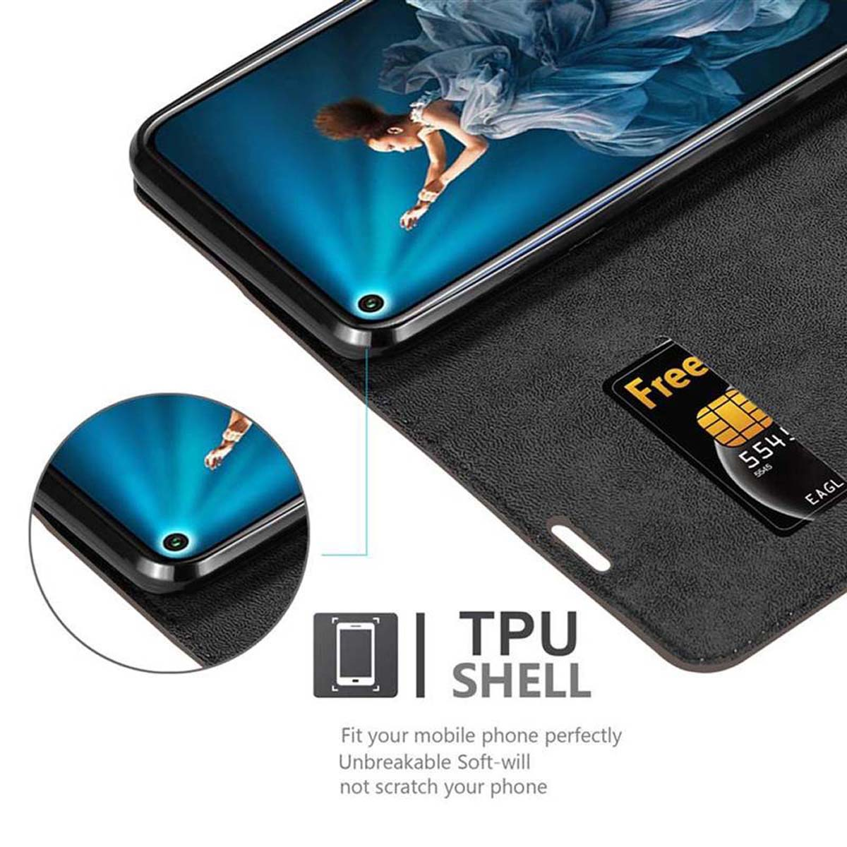 Smartphone in una custodia in pelle con fessura per carte di credito, che mostra l'immagine di una donna. La custodia è aperta.