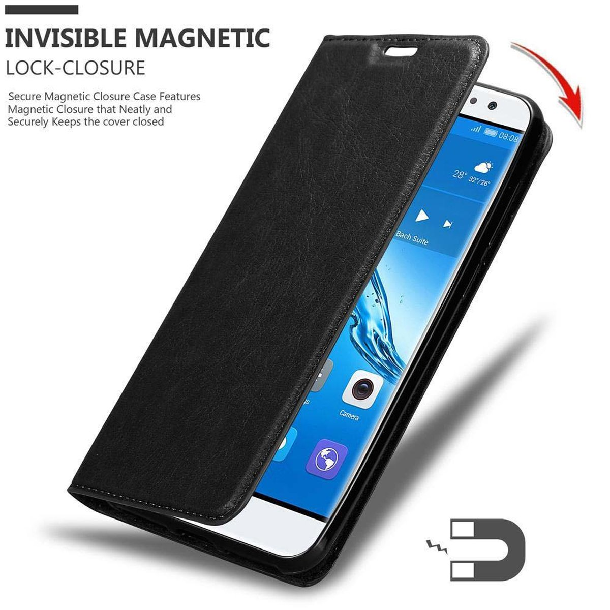 Un telefono in una custodia nera, parzialmente aperta, mostra l'interfaccia con icone.