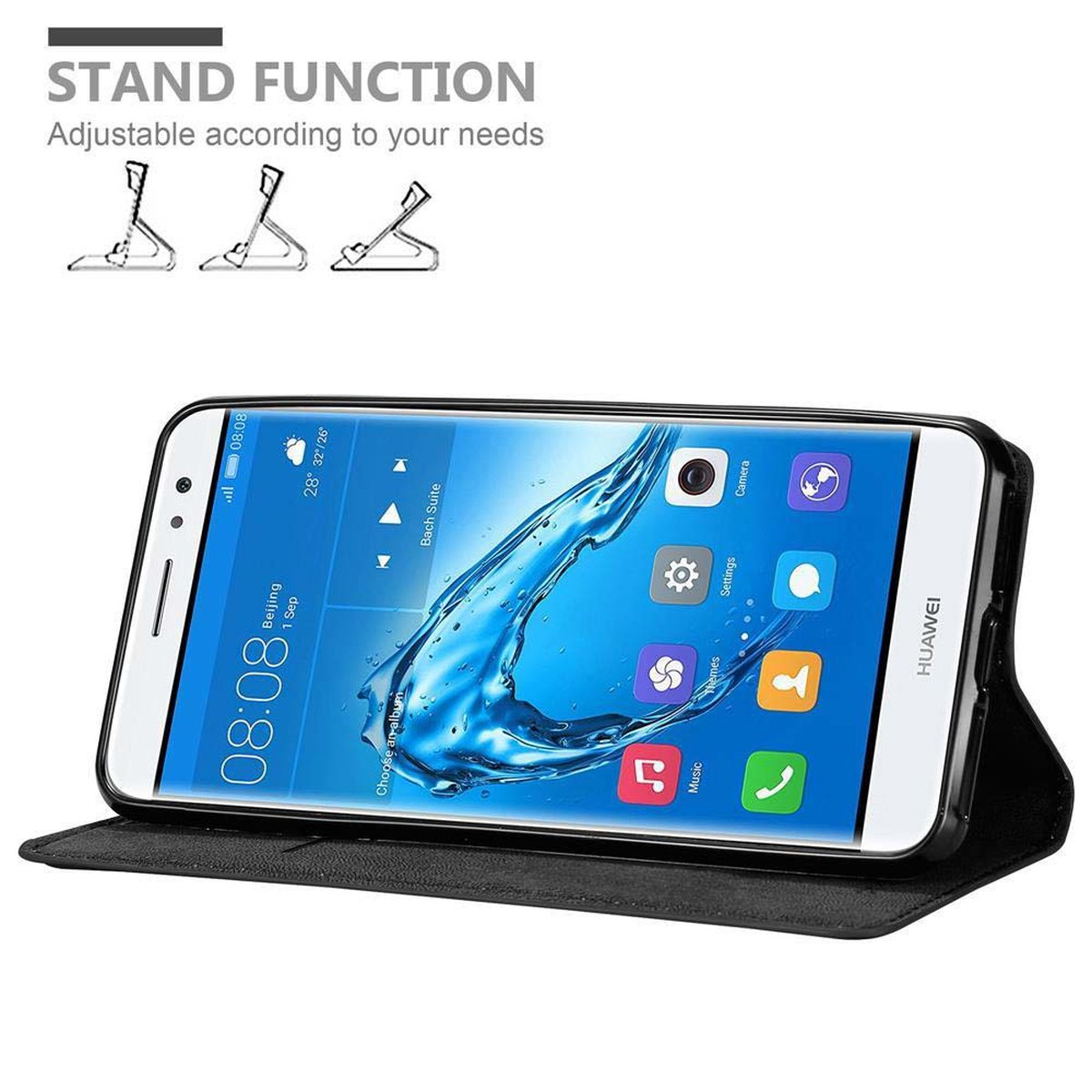 Telefono in custodia nera, aperto per funzione stand. Schermo con sfondo acqua blu, bordo nero.