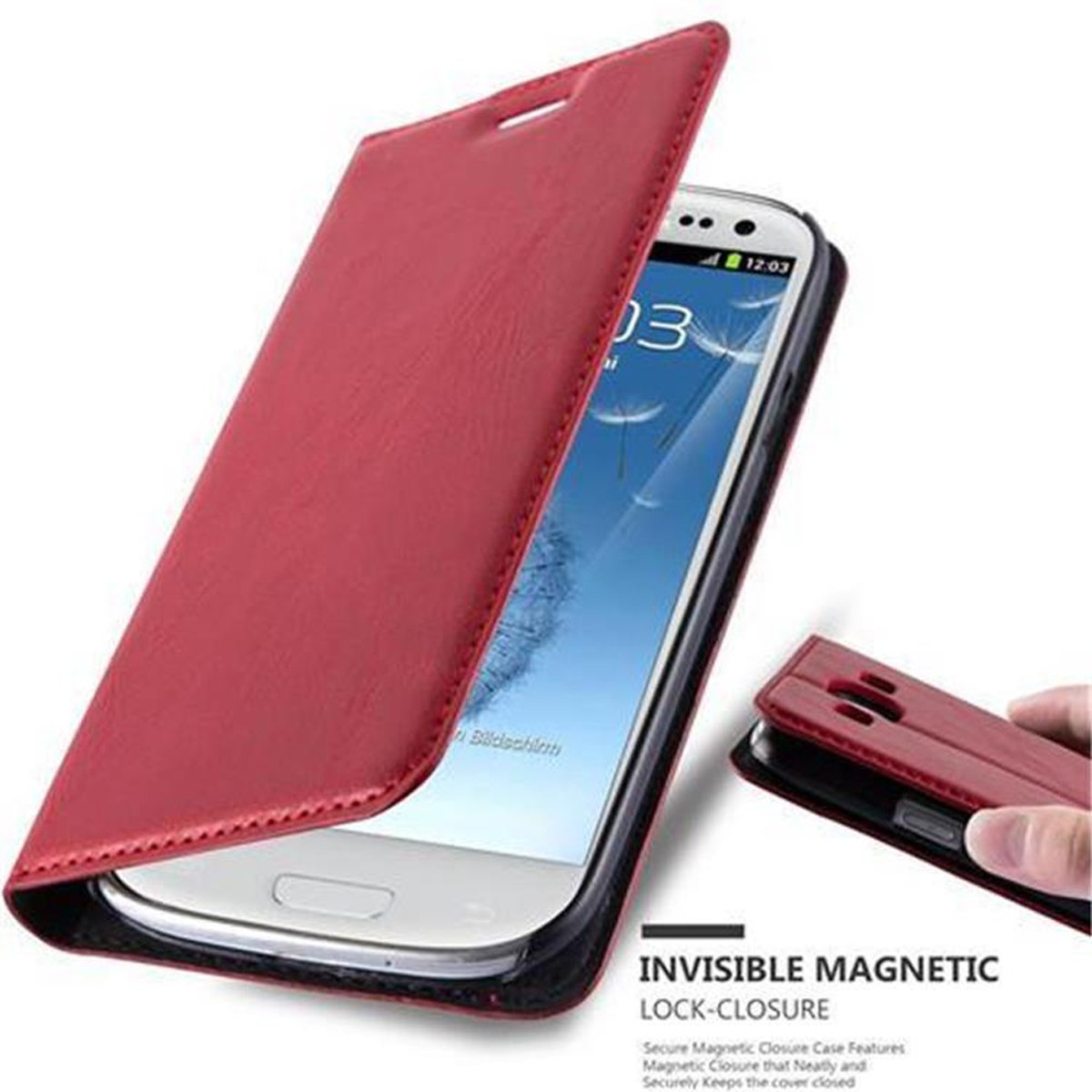 Funda roja para teléfono con teléfono abierto. El teléfono muestra la pantalla con reloj digital.