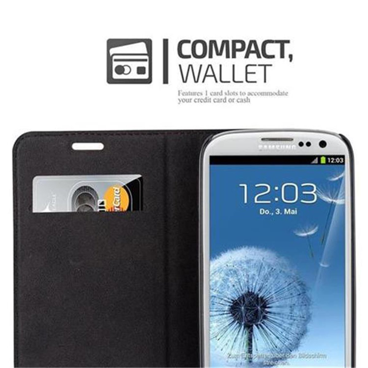 Teléfono en funda negra, ranura para tarjeta visible. Tarjeta y teléfono visibles. Texto: Compacto, cartera.