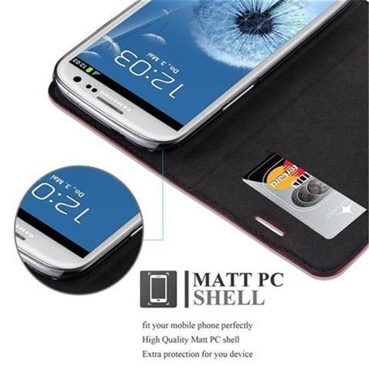 Teléfono en una funda negra con ranura para tarjeta. La pantalla muestra la hora y otros detalles.