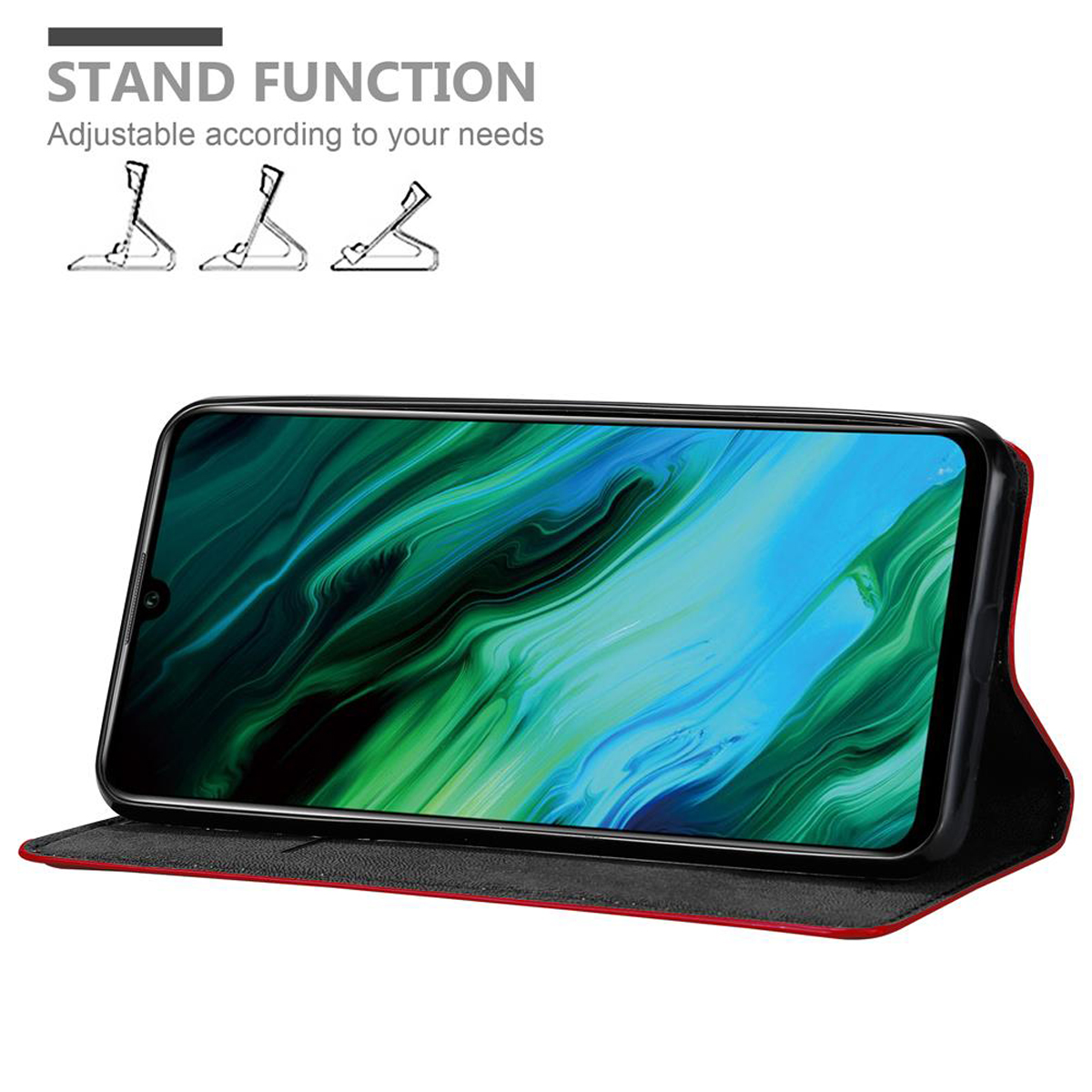 Una custodia per telefono in modalità stand, che mostra uno schermo del telefono con uno sfondo colorato.