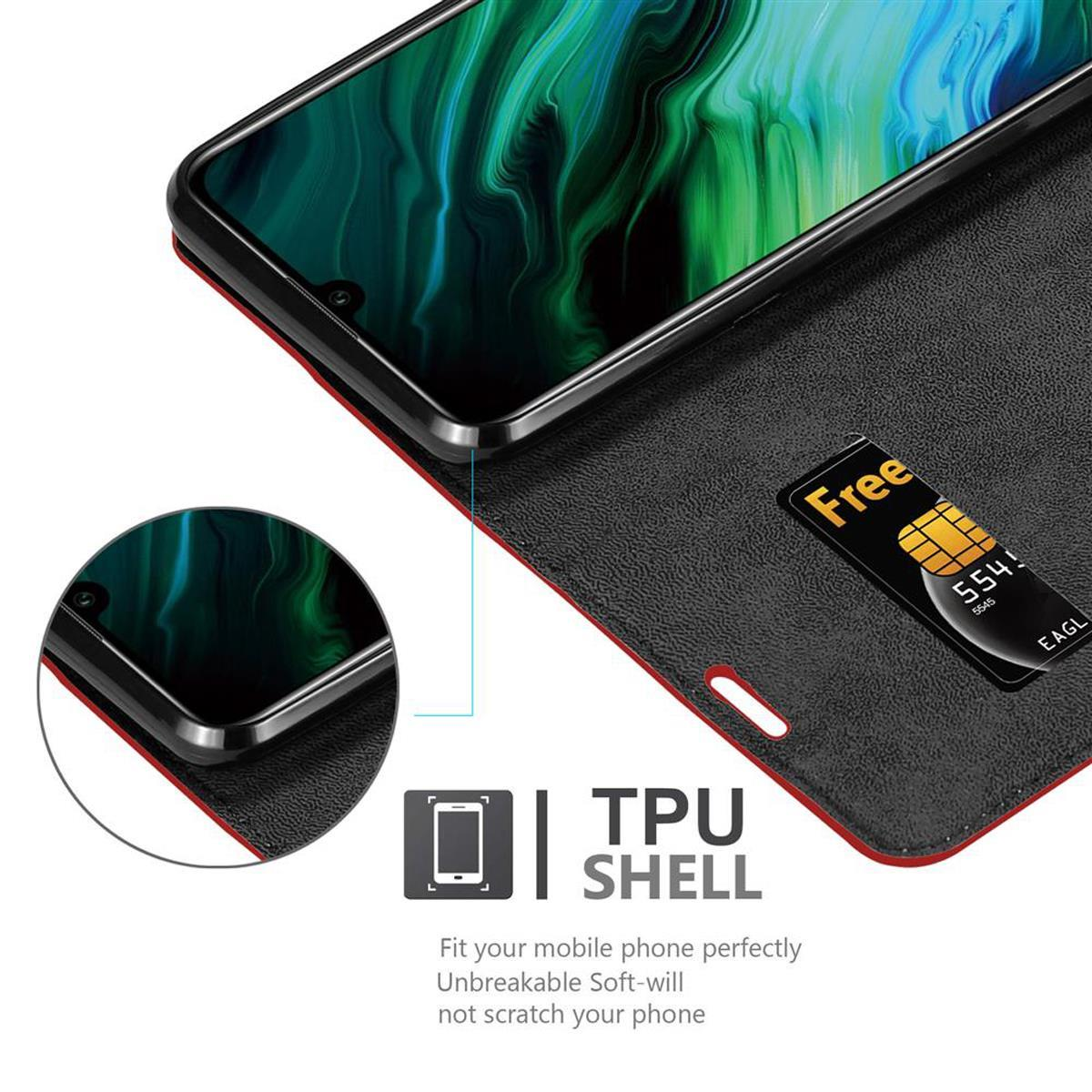 Un telefono in una custodia, che mostra uno schermo con un'immagine e uno slot per carta di credito.