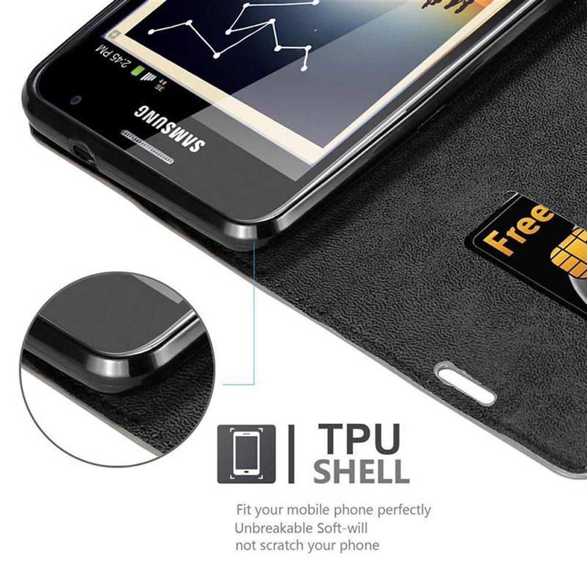 Ein schwarzes Telefon befindet sich in einer Hülle mit einem Kreditkartenfach. Das Telefon zeigt einen Bildschirm mit einer Karte.