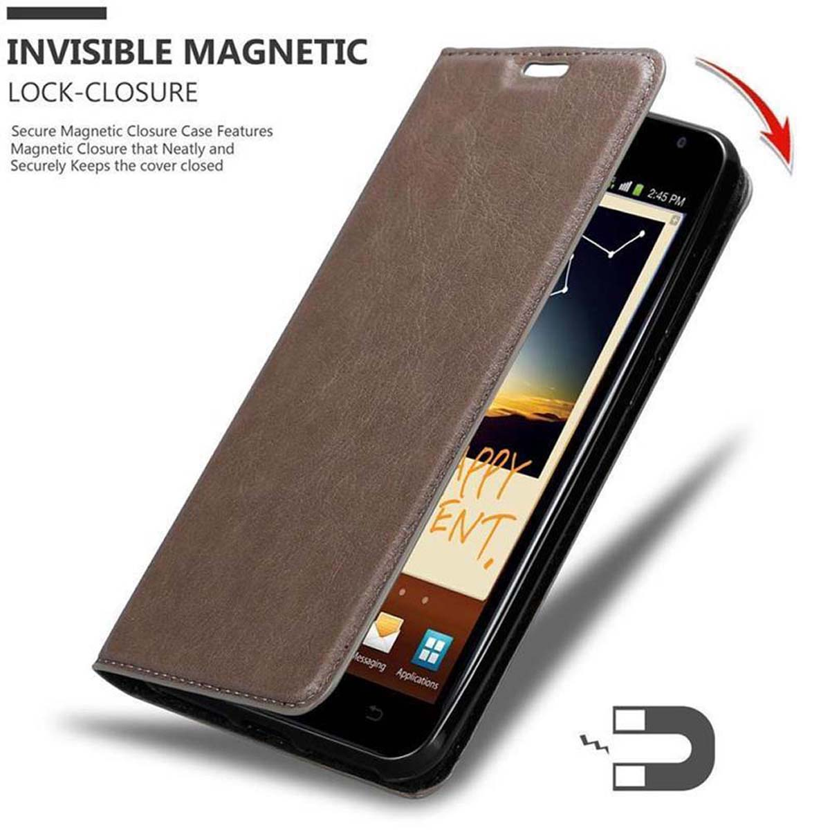 Geöffnete Handyhülle mit Telefon, das Oberfläche zeigt, SIM-Karte und magnetische Verriegelungsbeschreibung.