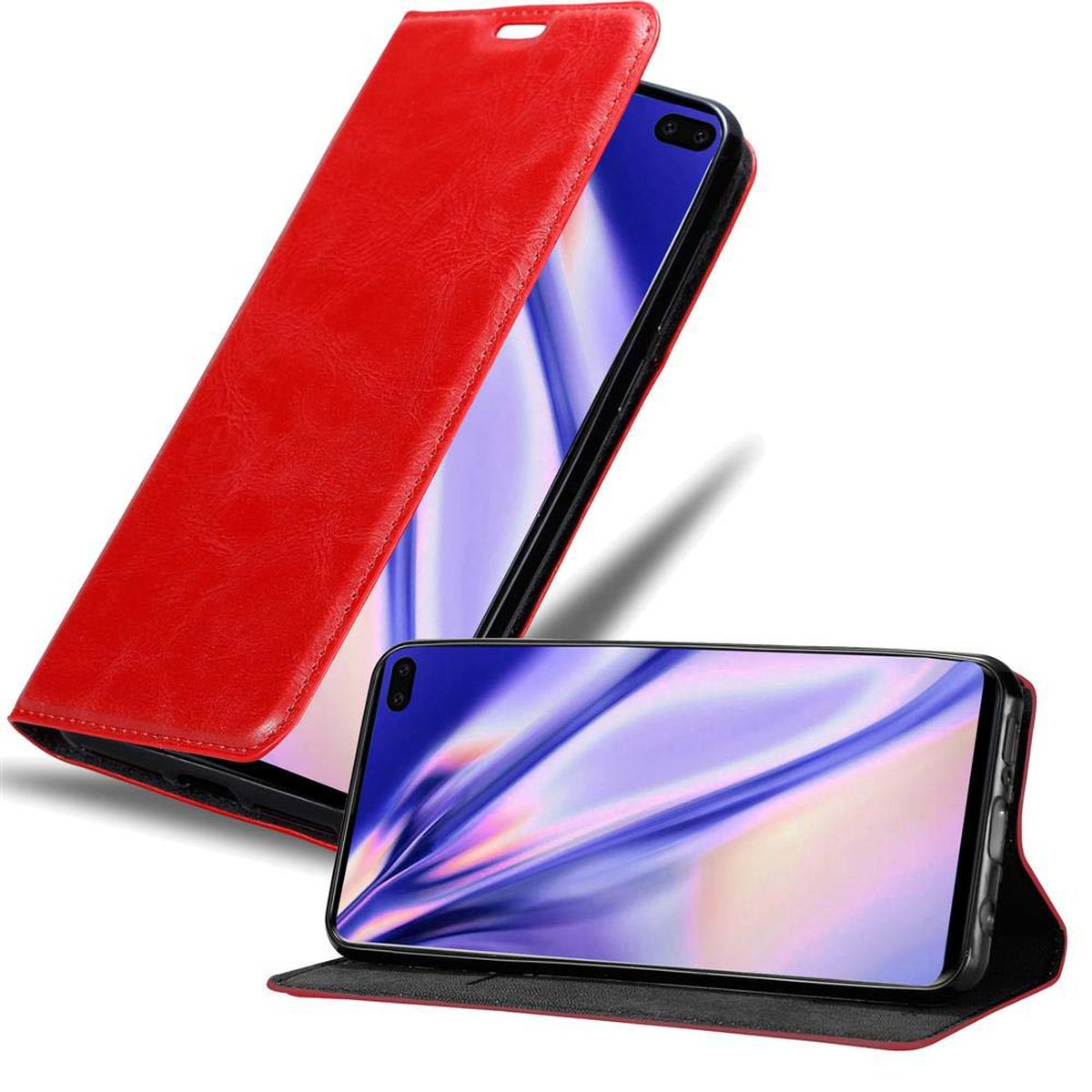 Rote Handyhülle offen, mit Telefon. Ein weiteres Telefon liegt offen auf der Oberfläche.