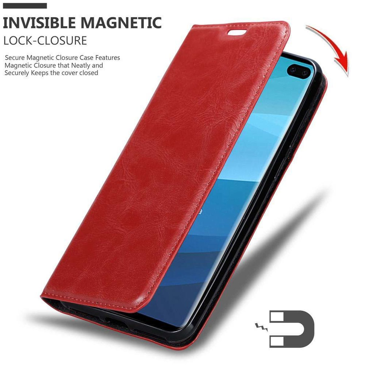 Rote Leder-Handyhülle, geöffnet, Smartphone enthüllt. Magnetverschluss hervorgehoben.