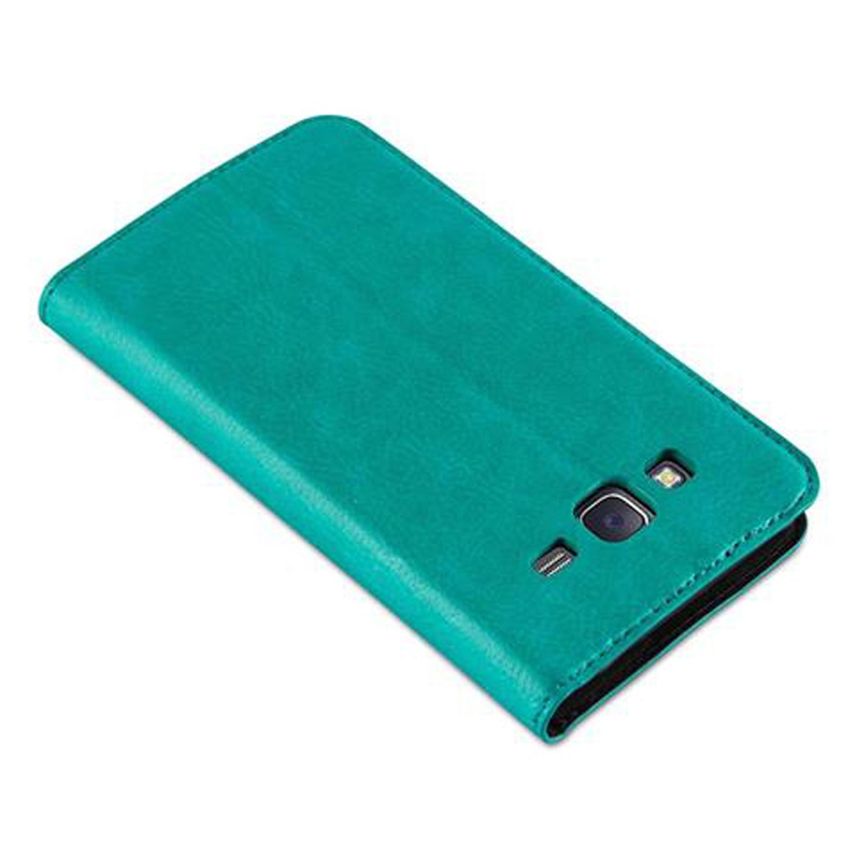 Custodia per telefono verde acqua, chiusa, che mostra il retro e il ritaglio della fotocamera. Materiale simile alla pelle.