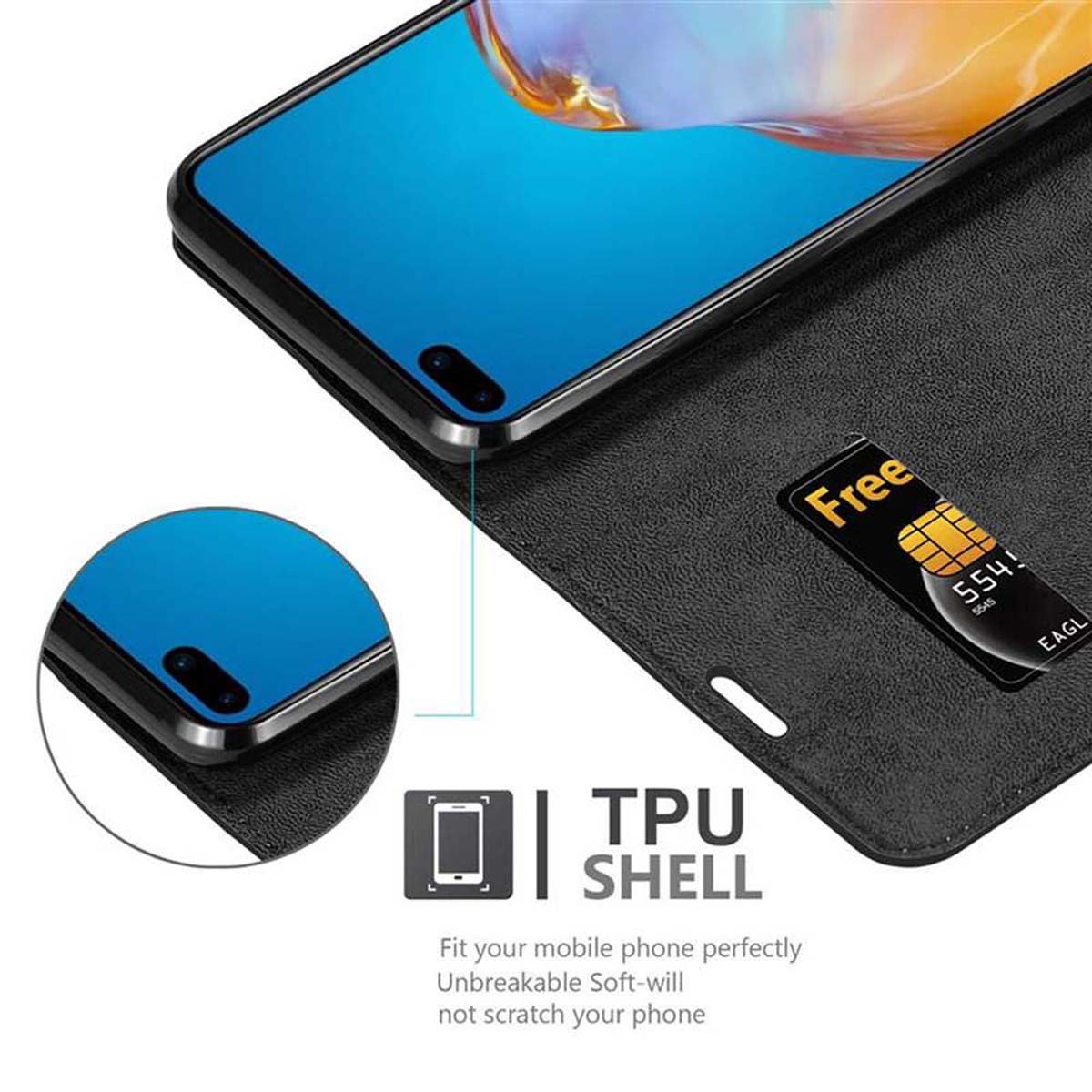 Eine Handyhülle zeigt ein Telefon mit blauem Bildschirm. Eine SIM-Karte ist in der Hülle sichtbar.