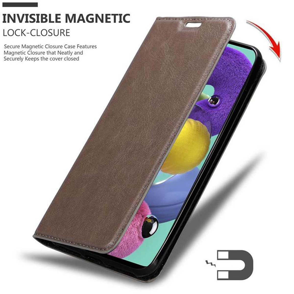 Braune Handyhülle offen, zeigt ein Telefon und einen Magneten. Unsichtbarer Magnetverschluss wird notiert.