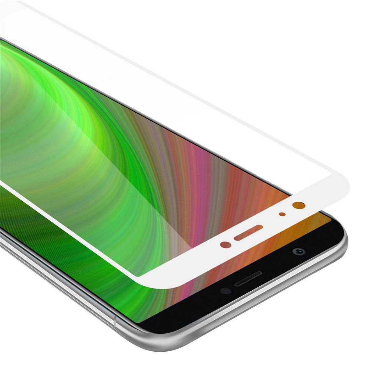 Un proteggi schermo viene applicato a un telefono. Lo schermo mostra striature colorate.