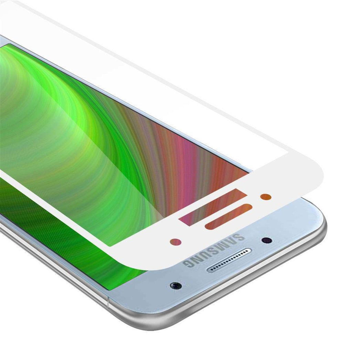 Primer plano de un protector de pantalla sobre un teléfono. El teléfono es plateado y el protector transparente.
