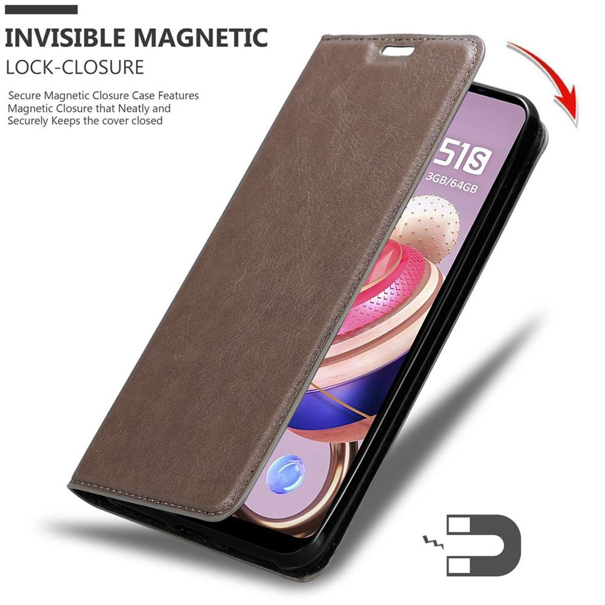 Una custodia marrone per telefono è aperta, rivelando lo schermo del telefono. Un magnete e una chiusura magnetica sono mostrati.