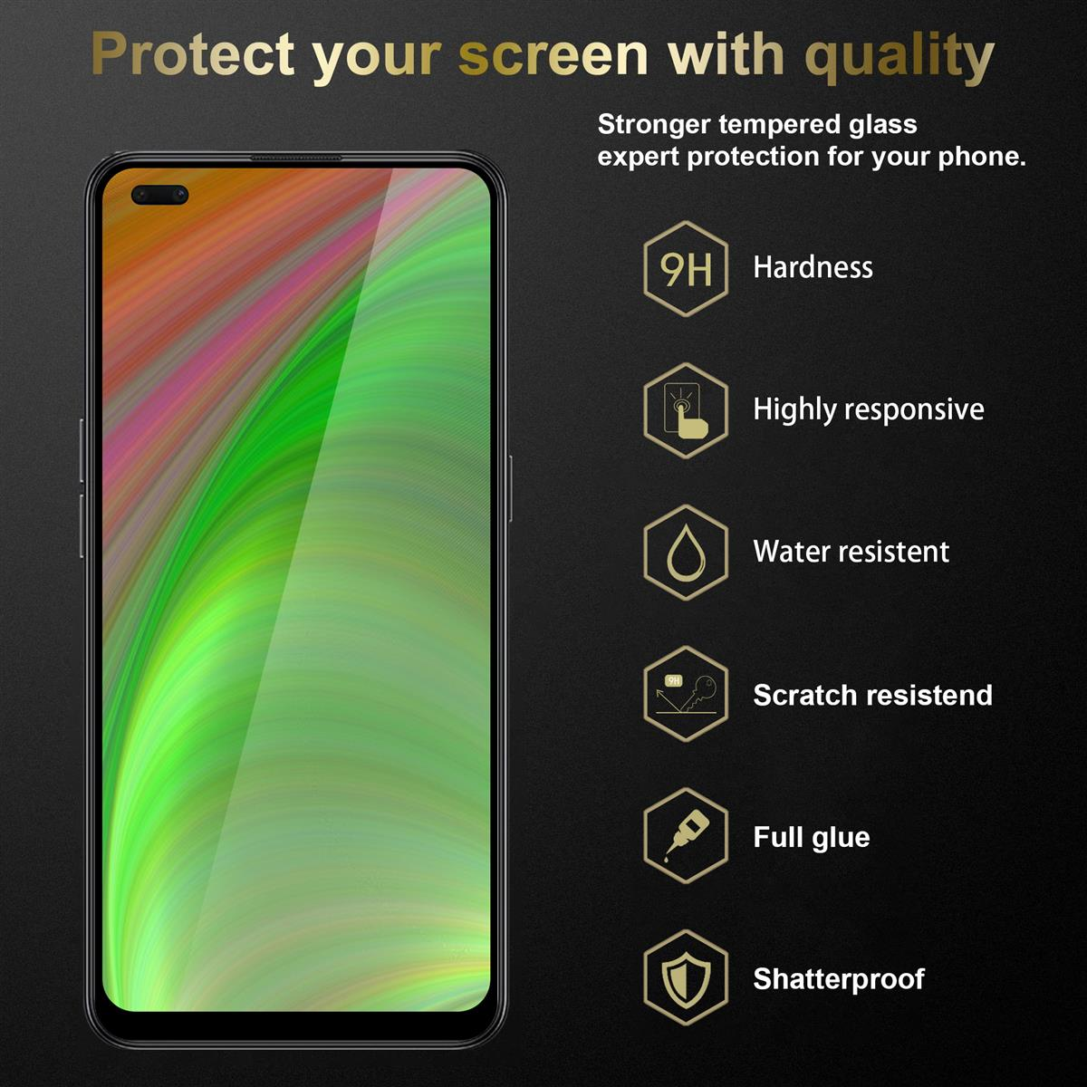 Un telefono con una protezione per lo schermo. Il testo indica che la protezione è resistente ai graffi, all'acqua e agli urti.