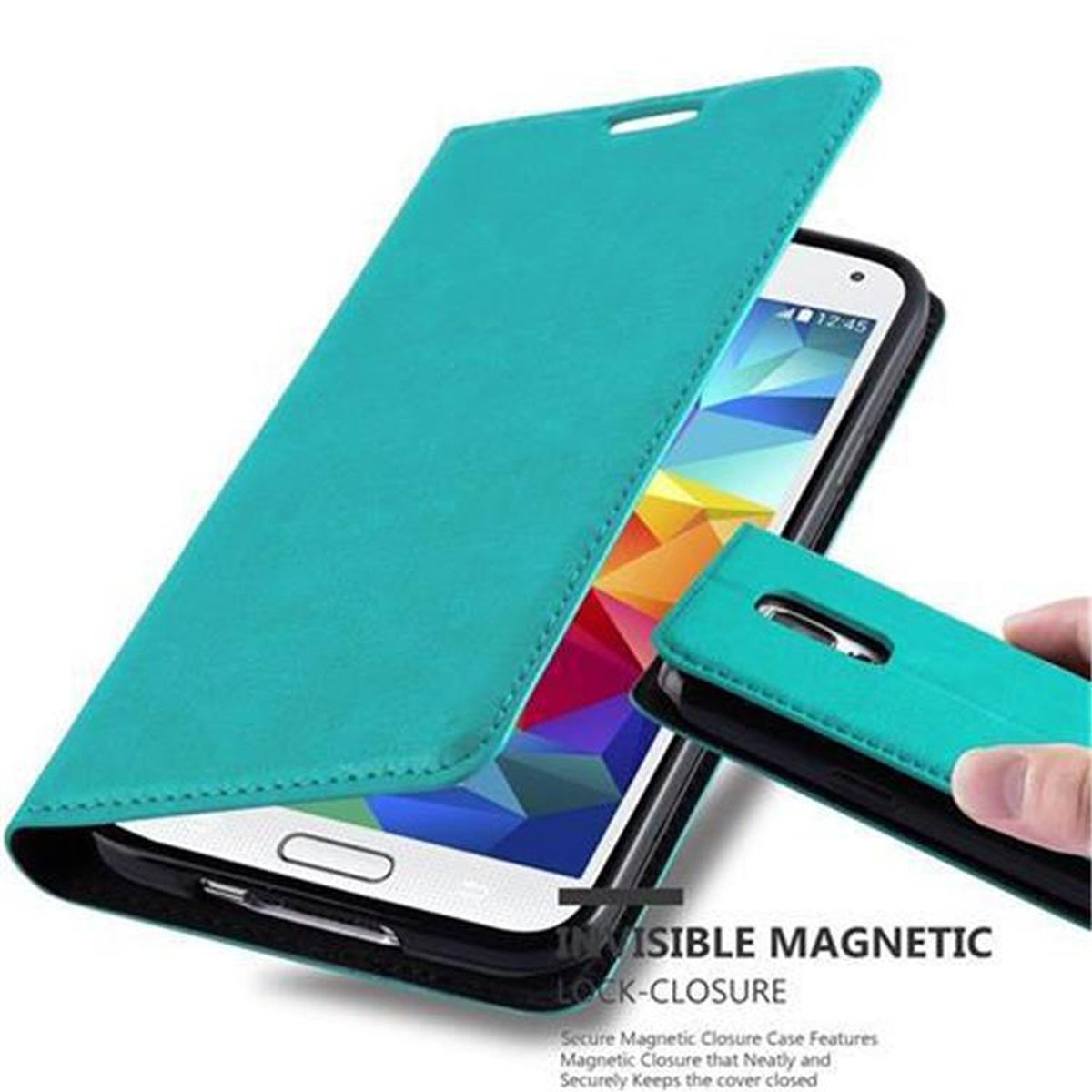 Funda de teléfono verde azulado, teléfono dentro. Otra funda está abierta, mostrando un teléfono con la hora 12:45.