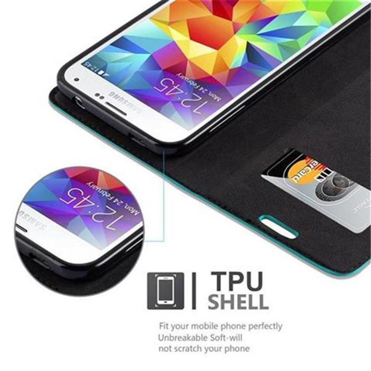 Teléfono en una funda negra con una pantalla que muestra las 12:45. Una tarjeta en la funda es visible, y la funda está abierta.