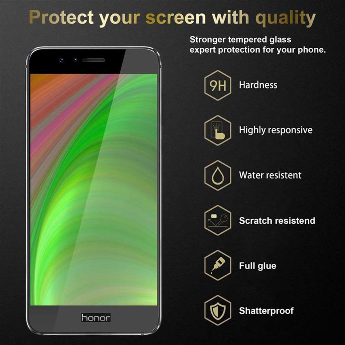 Schermo del telefono con sfondo colorato, che mostra caratteristiche come durezza 9H e resistenza ai graffi.