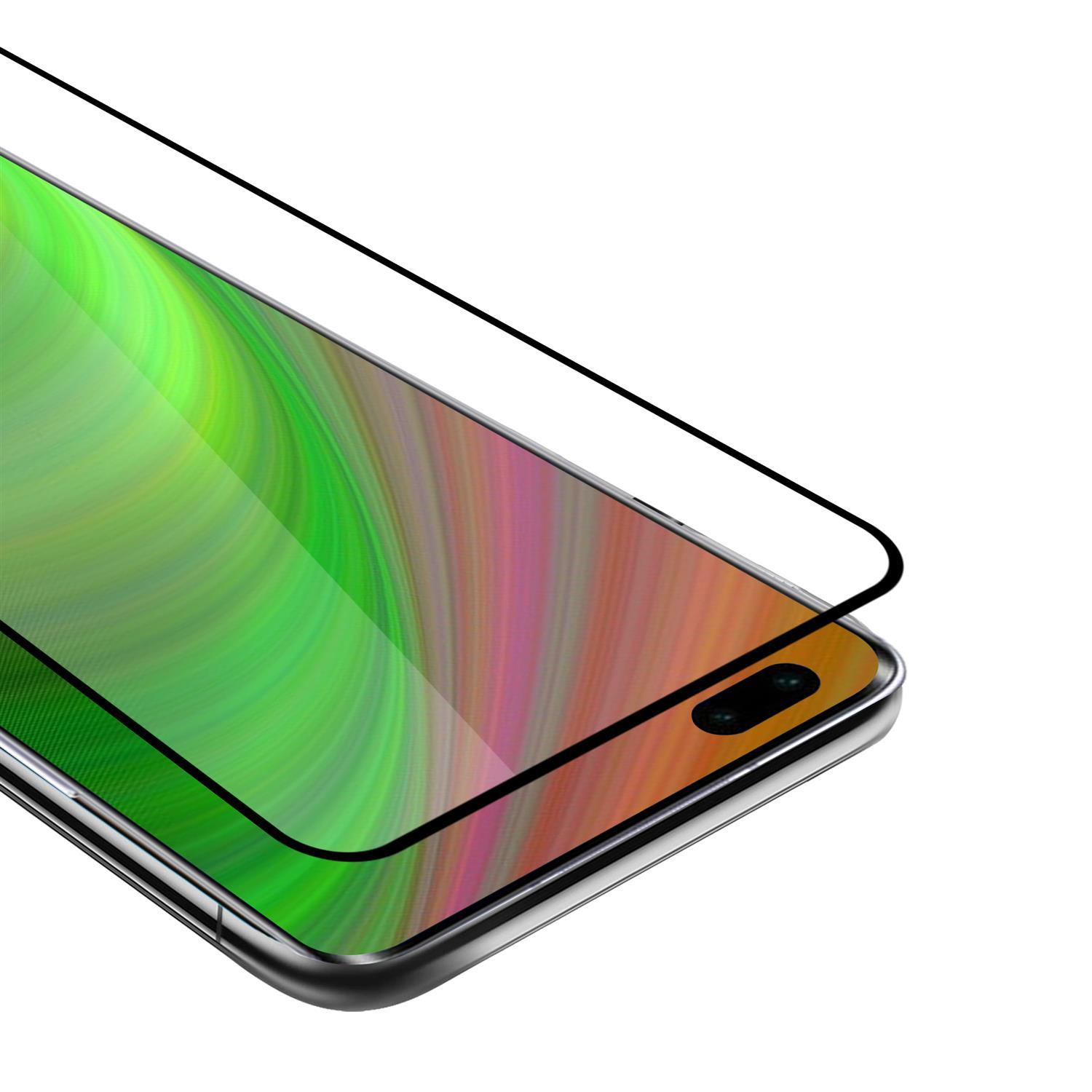 Schermo del telefono con vetro protettivo. Lo schermo mostra un motivo verde e rosa.