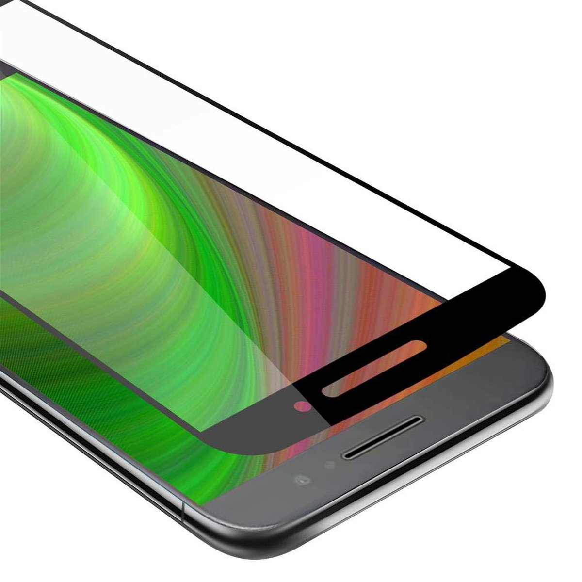 Primo piano di un telefono con una protezione schermo applicata, che mostra un display colorato.