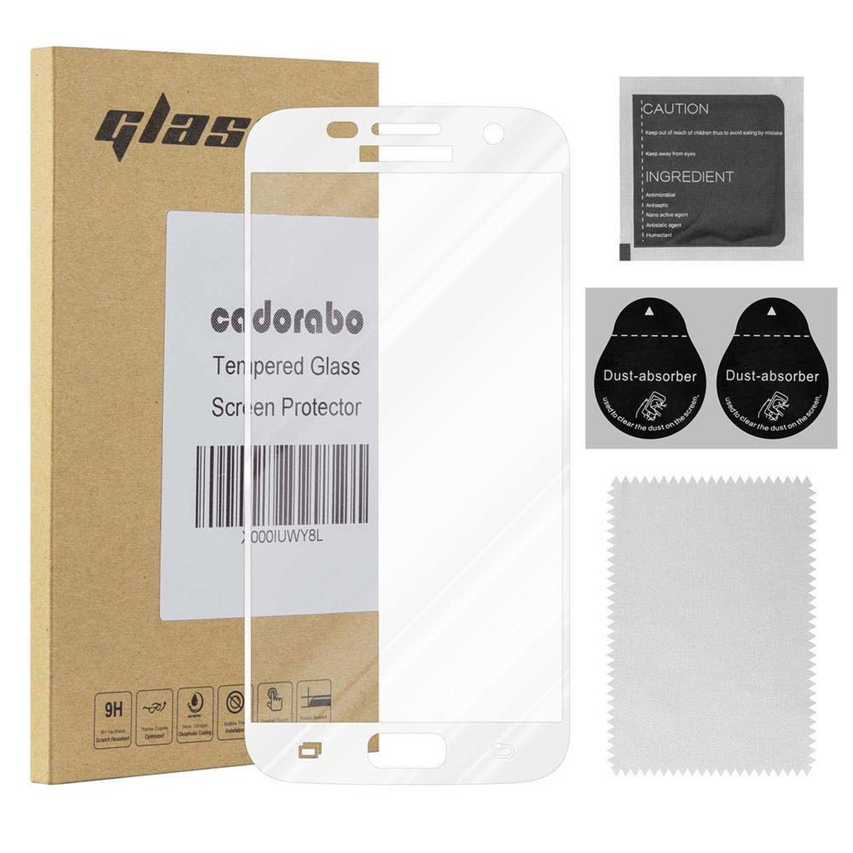 Un kit protector de pantalla. Incluye protector, paño de limpieza, absorbentes de polvo e instrucciones.