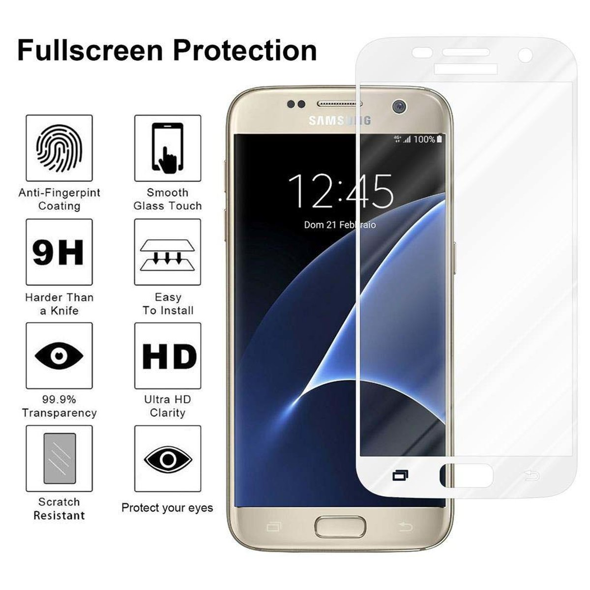 Un smartphone con protector de pantalla, iconos que muestran varias características del protector.
