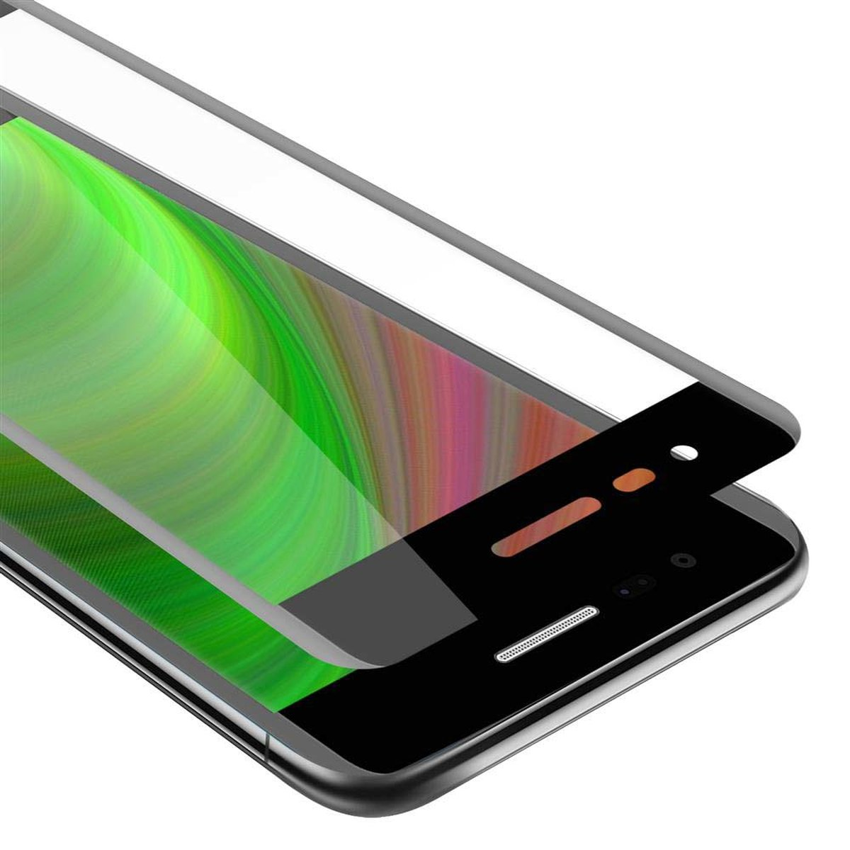 Teléfono con protector de pantalla aplicado. La pantalla muestra verde y naranja.