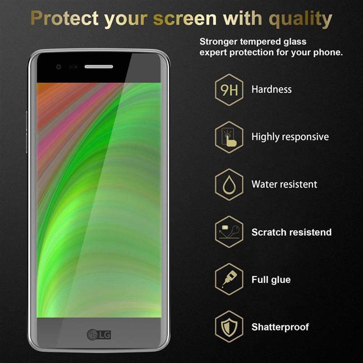 Protector de pantalla con características como dureza, capacidad de respuesta y resistencia al agua. En un fondo oscuro.