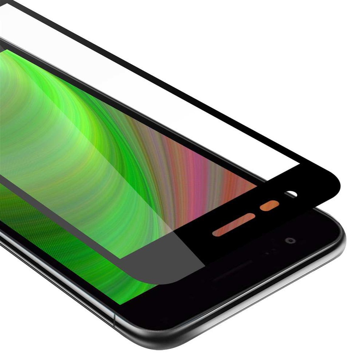 Smartphone con un protector de pantalla, mostrando capas con verde y marrón.