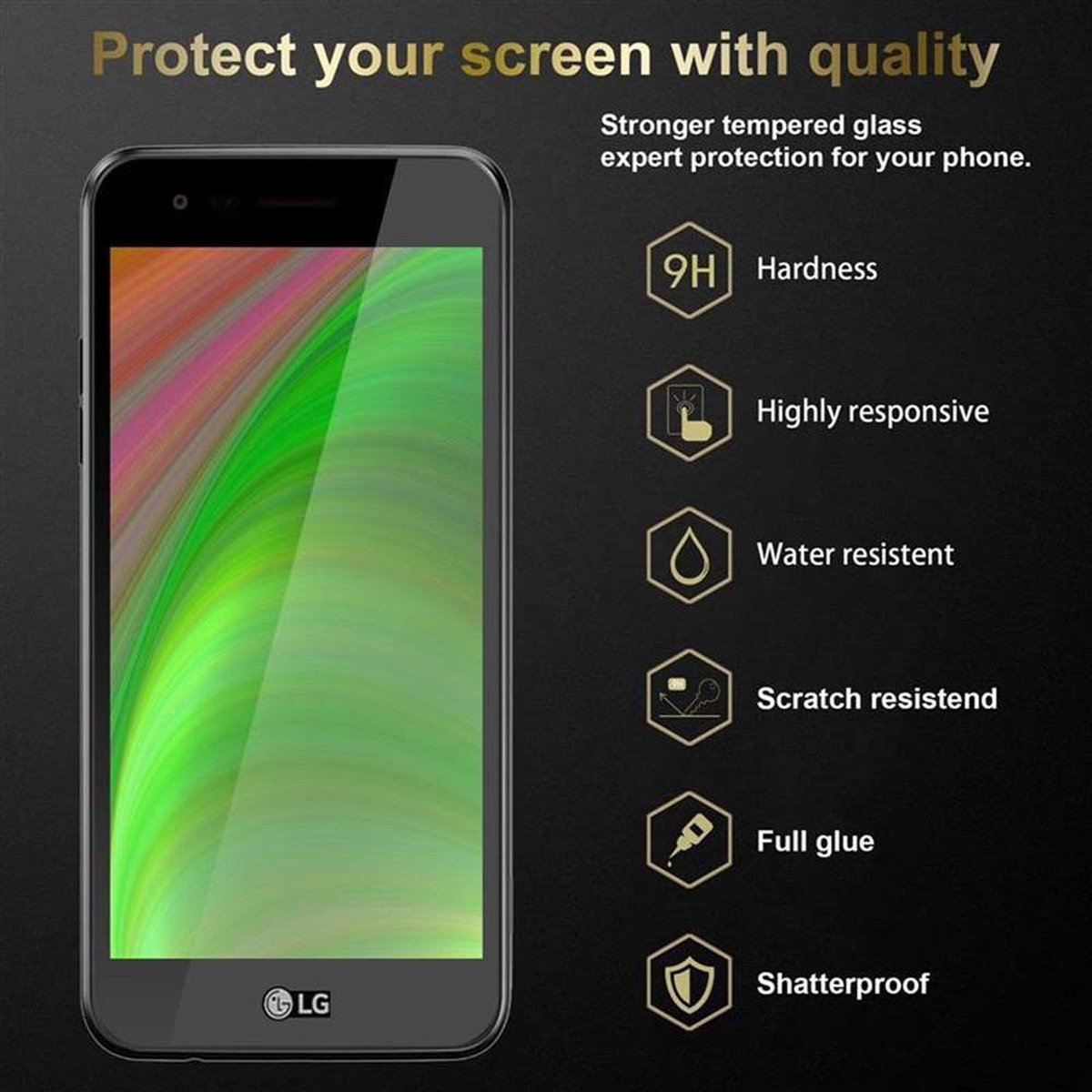 Teléfono LG con protector de pantalla. Texto: Proteja su pantalla con calidad, detalles.