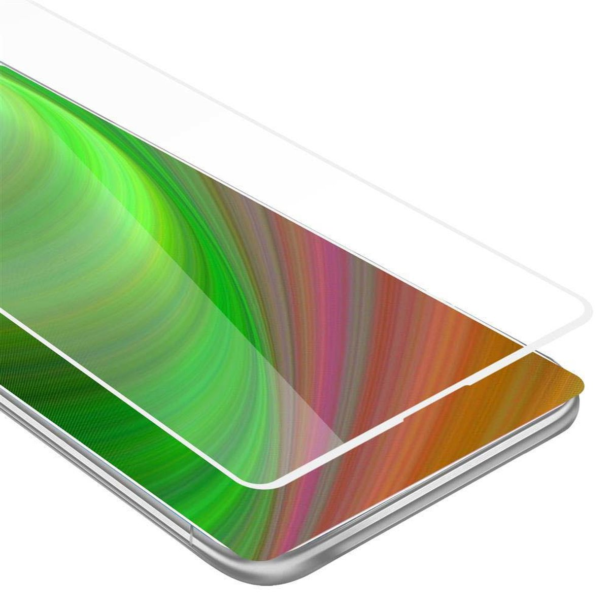 Protezione schermo applicata al telefono. Mostra striature colorate. La protezione è applicata.