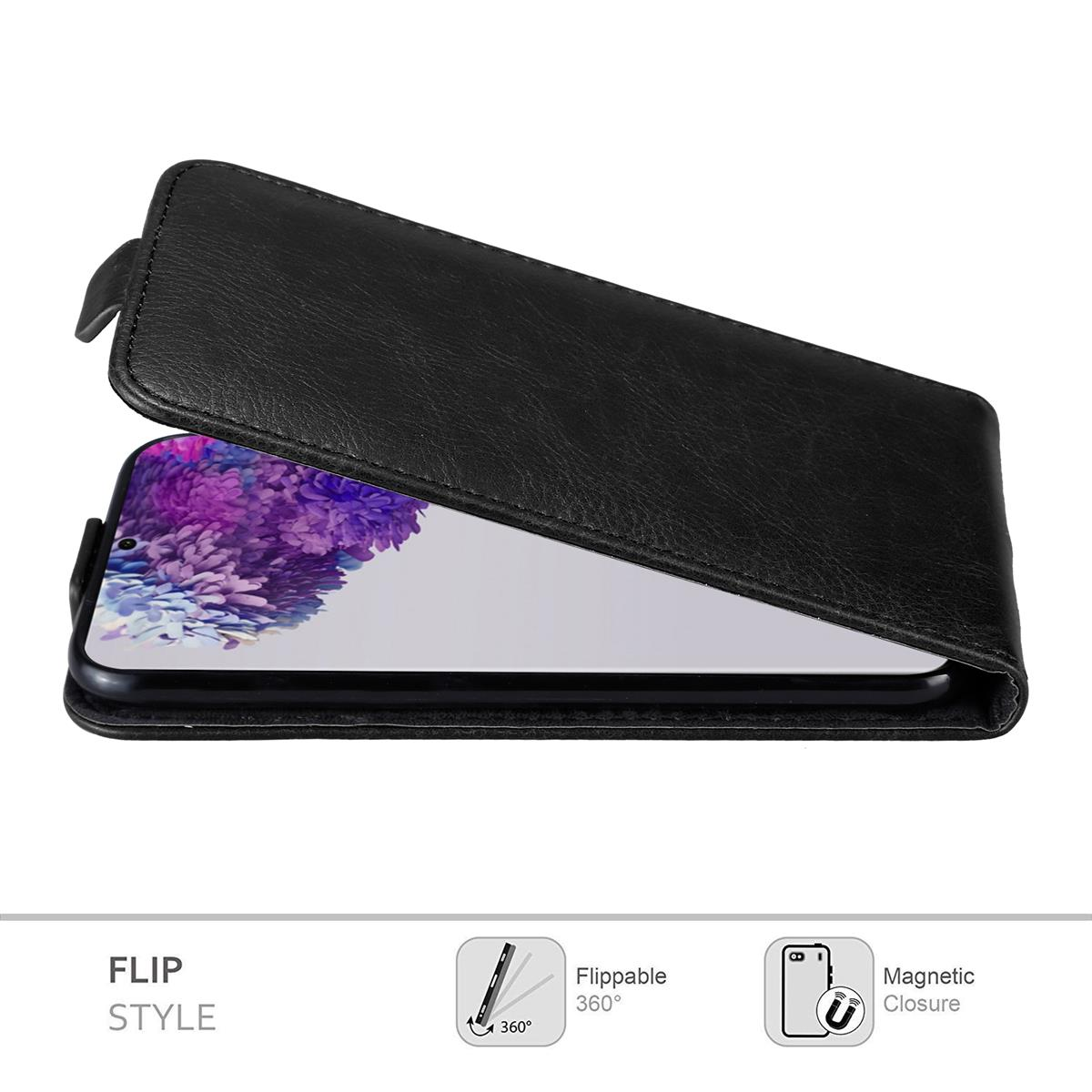 Schwarze Handyhülle aufgeklappt, mit Telefon darin. Symbole auf dem Bildschirm sind sichtbar.