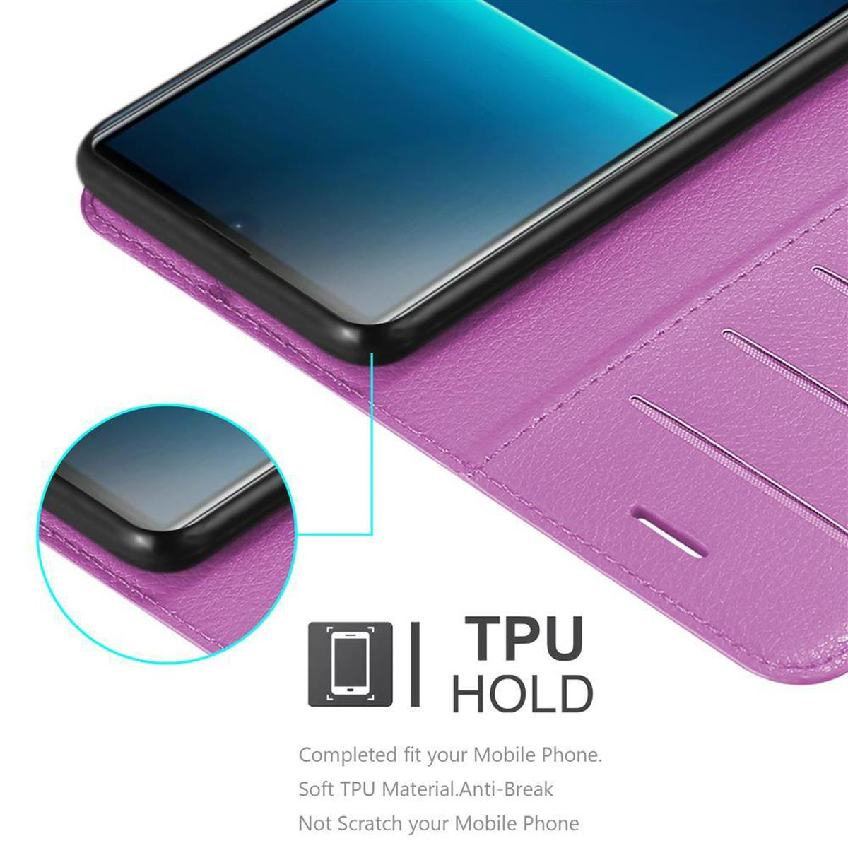 Una custodia per telefono viola, aperta, che mostra un telefono. Supporto TPU, vestibilità completa e anti-rottura.